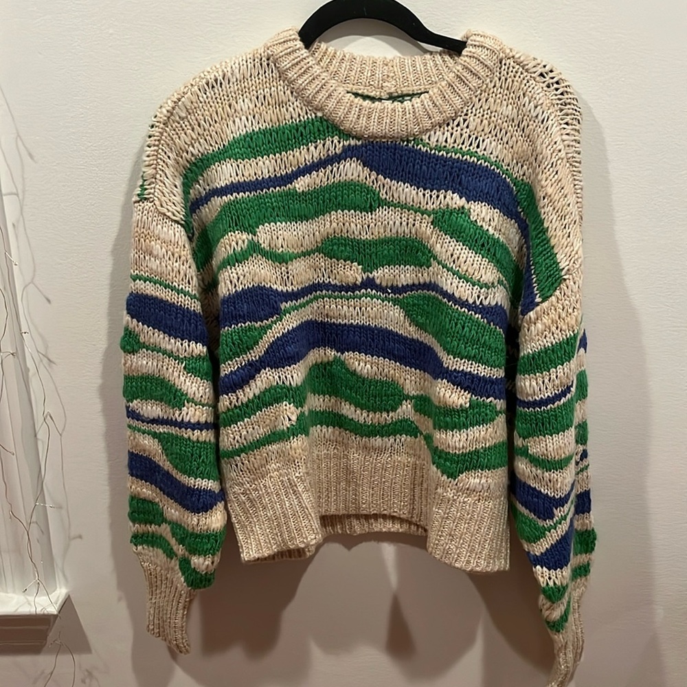 Aerie sweater size small blue green white and tan